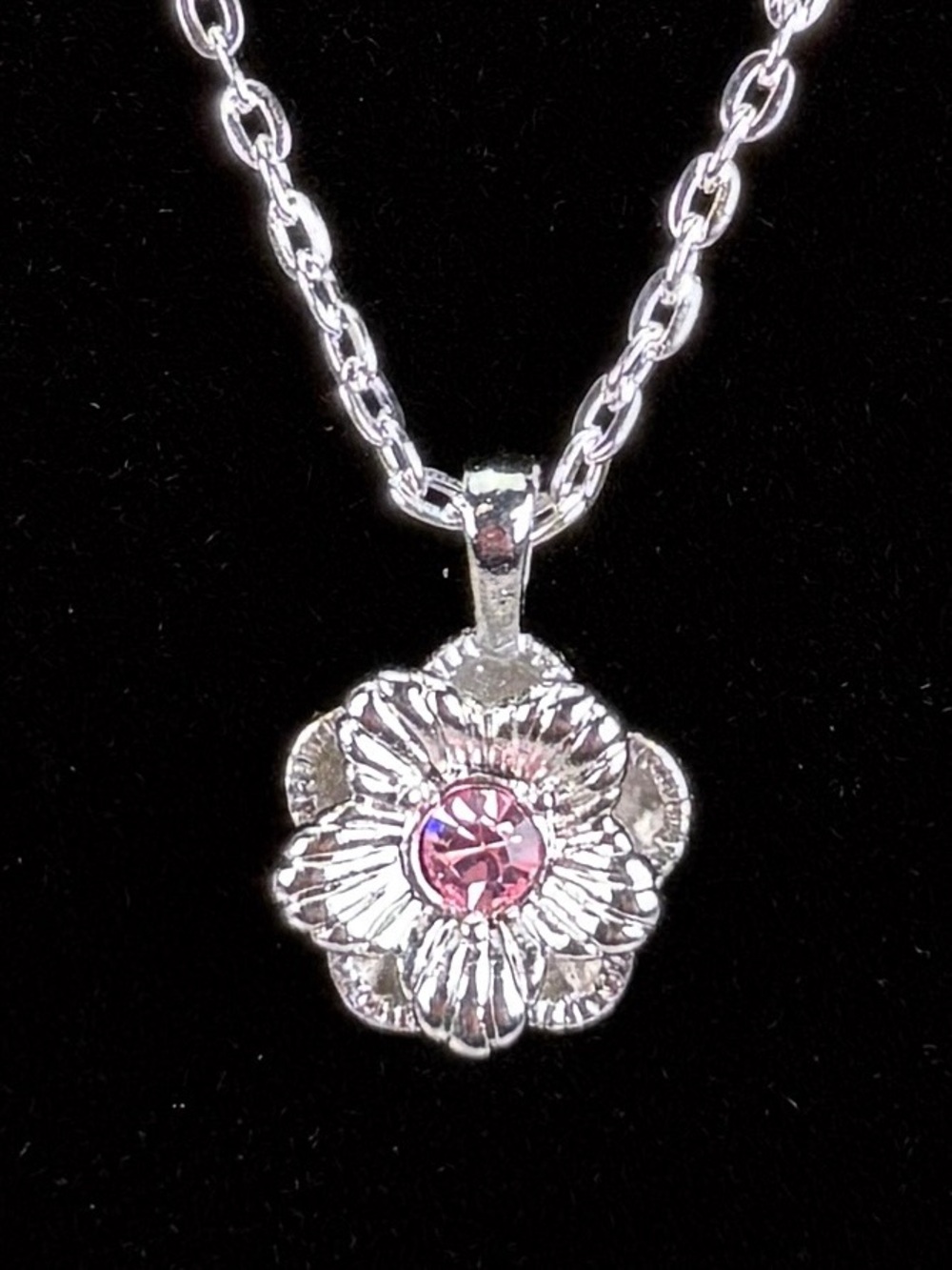 Sophia Fiori Pink Flower Pendant Necklace Silver Tone Designer Floral Charm
